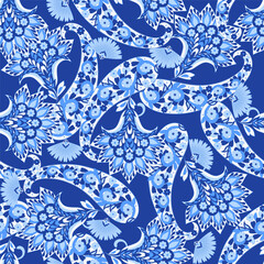 Paisley vector seamless design featuring stunning flowers and leaves in a batik-inspired style. Vintage backdrop