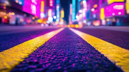 A neon lit road leading toward a bustling urban cityscape