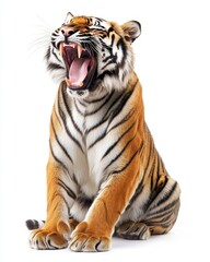 Naklejka premium Majestic Tiger Roaring in Isolation Against White Canvas
