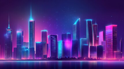 Naklejka premium A futuristic skyline with vibrant neon illuminated skyscrapers