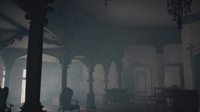 a dimly lit grand room with tall columns, smoke in the air, and antique furniture, creating a mysterious and atmospheric ambiance
