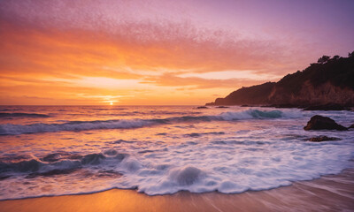 Fototapeta premium Golden Sunset Over Ocean Waves on a Peaceful Beach