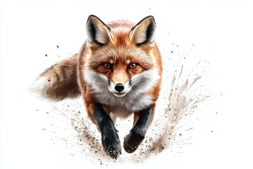 Fototapeta premium Fox is running through the dirt, with its tail in the air