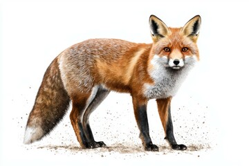 Fototapeta premium Fox is standing in the dirt, looking at the camera