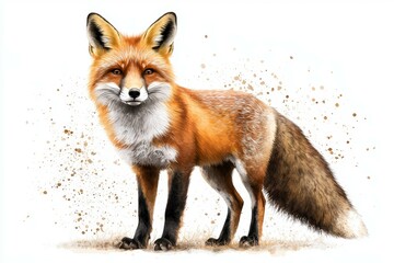 Fototapeta premium Fox is standing in the dirt with its tail curled up