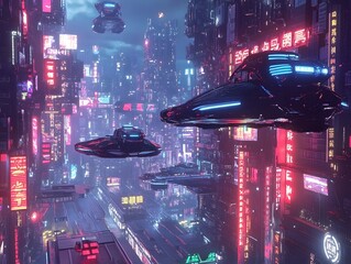 Futuristic cityscape at night - neon lights flying cars