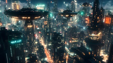 Futuristic cityscape at night - neon lights flying cars