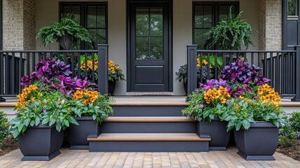 Colorful porch planters with dark gray steps and front door