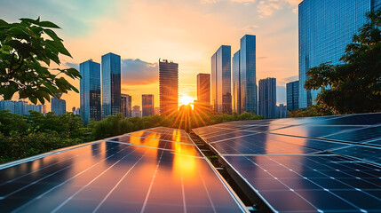 Fototapeta premium Solar energy in an urban environment at sunset with modern buildings