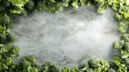 Rustic arrangement of fresh broccoli and leafy greens framing a weathered stone surface
