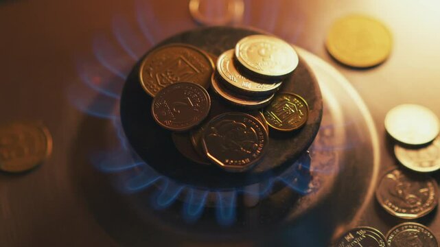 Burning burner on a gas stove.
The coins are on the gas stove.
The kopecks symbolize the rise in gas prices.
Gas prices.
Gas trading.
Burning gas in the kitchen