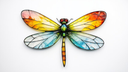 Vibrant stained-glass dragonfly sculpture with intricate colorful wings on a delicate green stem