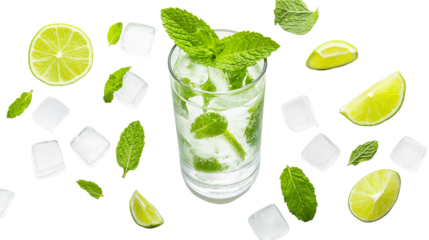 Refreshing mojito cocktail in a tall glass with fresh mint leaves, lime wedges, and ice cubes, isolated on white background, PNG format, top view 