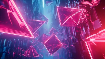 Geometric neon clusters in a surreal digital background
