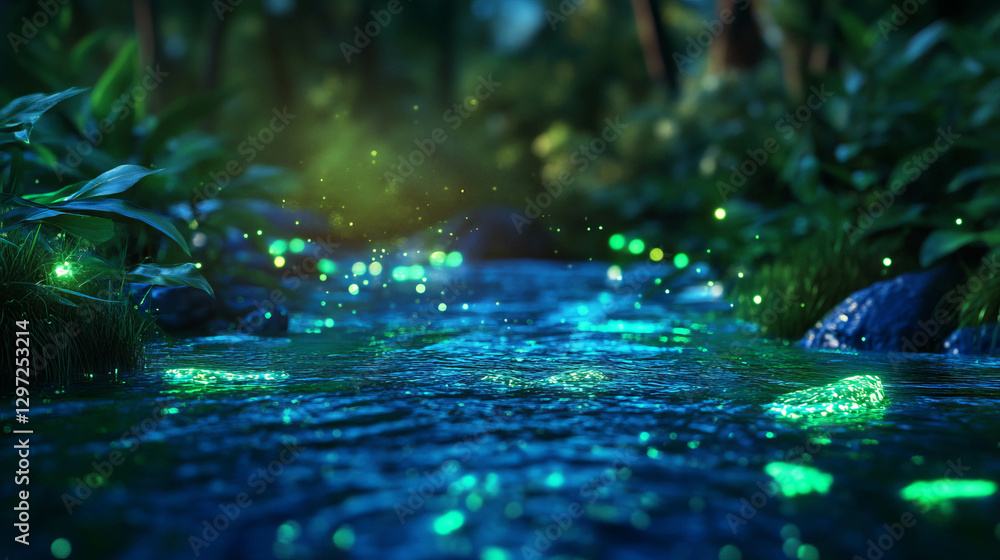 Poster enchanting forest stream with illuminated algae and lush greenery