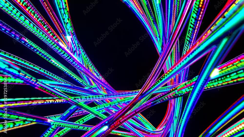 Poster dynamic video of neon light trails in a dark space, captured from a low-angle perspective, creating 