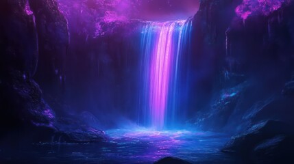 A vibrant blue and purple waterfall in a mystical environment