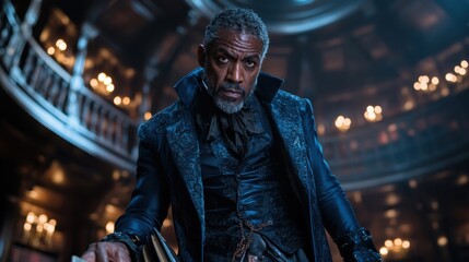 An elegant figure in a lavish library, dressed in regal attire, exudes sophistication and authority amidst rich decor and atmospheric lighting, inviting contemplation and admiration.