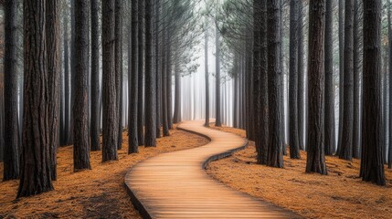 Tranquil Foggy Forest Pathway Through Towering Pine Trees