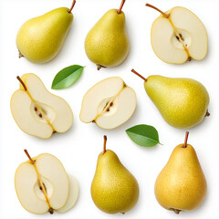 Obraz premium Süße Birnen und frische Blätter in der saisonalen Natur auf weißem Hintergrund