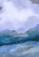 Fototapeta premium Impressionistic Stormy Foggy Misty Mountain & Valley or Meadow Digital Painting, Art, Illustration w/Puffy Clouds in the Sky Teal, Aqua, Green, Gray & Orange