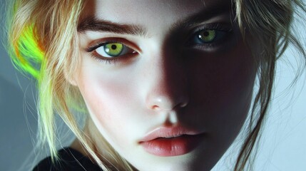 Close-up portrait of young caucasian female with striking green eyes and blond hair