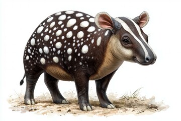 Fototapeta premium Small animal with white spots and black stripes is standing on the ground