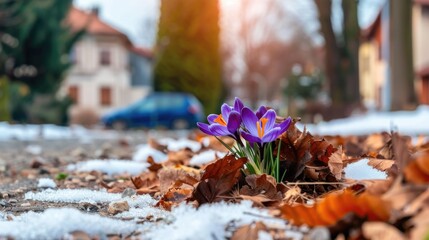 Purple crocus emerging among autumn leaves and snow on sunny day in urban setting