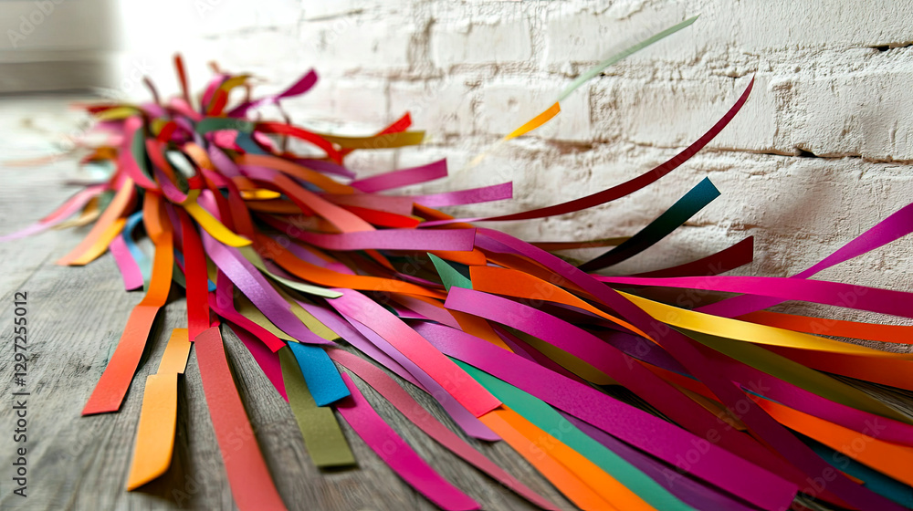 Poster vibrant ribbons cascade in colorful harmony, celebrating diversity and unity in a minimalist space