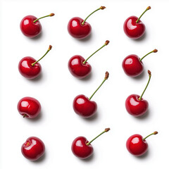 Frische rote Kirschen kreativ auf hellem Hintergrund angeordnet

