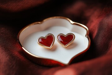 Two Heart Shaped Red Earrings Resting In A Golden Dish