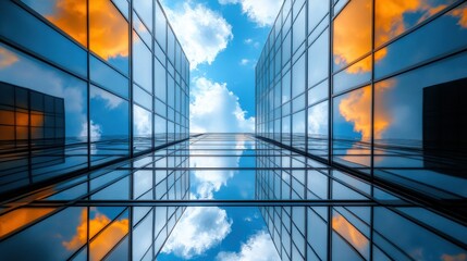 Obraz premium Modern Glass Office Buildings Reflecting Sky