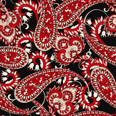 Digital vector textile print. Seamless Design suitable for covers, fabrics, textiles, wrapping paper, featuring an antique Thai pattern Paisley Indian motifs and decorative floral elements
