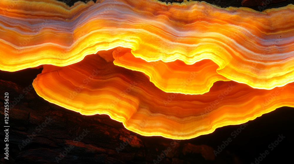 Poster glowing mushrooms on tree trunk in mystical forest setting