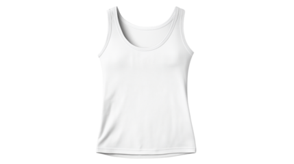Minimalist white tank top, breathable cotton material, perfect for hot weather, isolated on white background, PNG format, top view