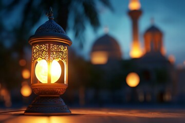 Lantern is lit up in front of a building with a dome