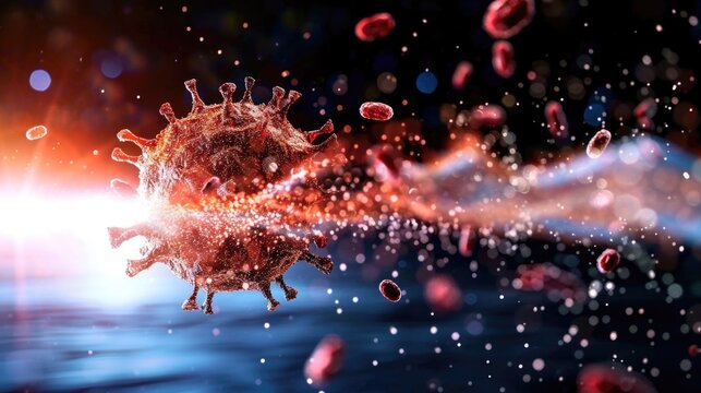 Dynamic visualization of a virus cell with red blood cells in motion