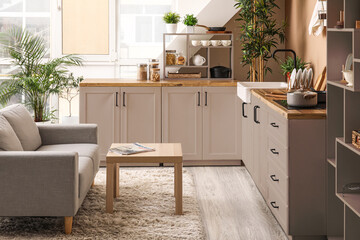 Interior of stylish kitchen with white counters, utensils and houseplants