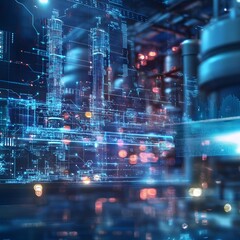 Digital Metropolis: A stunning, photorealistic depiction of a futuristic cityscape, rendered in vibrant blues and oranges, showcasing intricate circuit-like structures and interconnected systems.