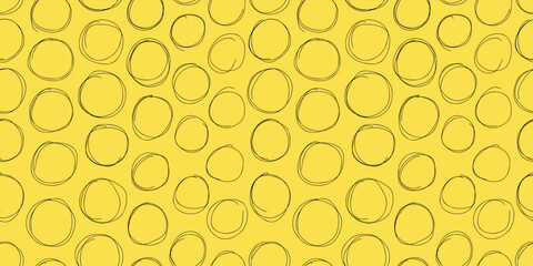Seamless abstract pattern with hand drawn circles on a yellow background. Playful and modern sketchy design. Perfect for textiles, wallpapers, branding, digital prints, and creative projects.
