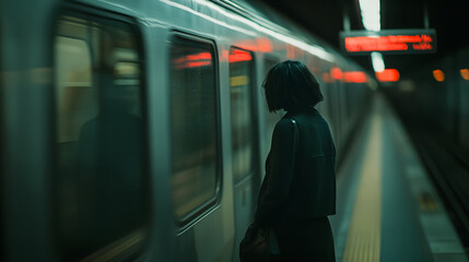 A solitary woman stands at a subway station, waiting for the train.