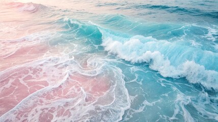 Serene Ocean Waves Lapping Against Soft Sandy Beach at Sunrise. A tranquil ocean scene featuring gentle waves crashing on a soft sandy shore.