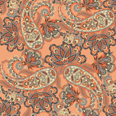 Digital vector textile print. Seamless Design suitable for covers, fabrics, textiles, wrapping paper, featuring an antique Thai pattern Paisley Indian motifs and decorative floral elements