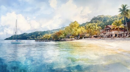 Obraz premium A Beautiful Seaside Scene With Sailboat And Tropical Beach Landscape