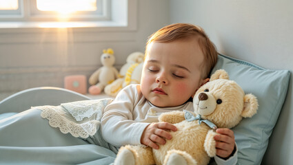 little boy sleeping with teddy bear in bed, morning