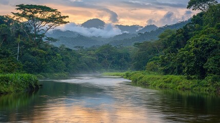 Serene sunset over a jungle river.