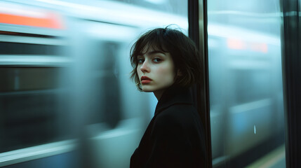 A woman stands in a subway station, gazing thoughtfully as a train rushes by.
