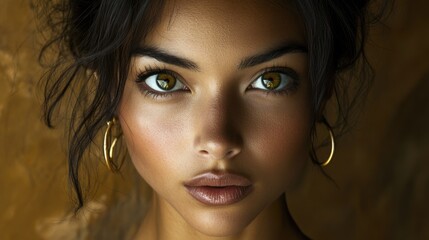 Fototapeta premium Stunning beauty of young hispanic female with striking eyes and gold hoop earrings