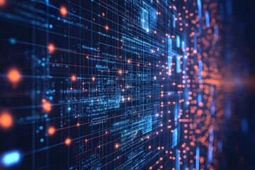 Digital Data Stream: Immerse yourself in a vibrant stream of digital data, an intricate tapestry of code and interconnected dots, rendered in a visually captivating manner