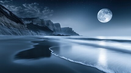Tranquil Moonlit Beach with Bioluminescent Waves Under Stars
